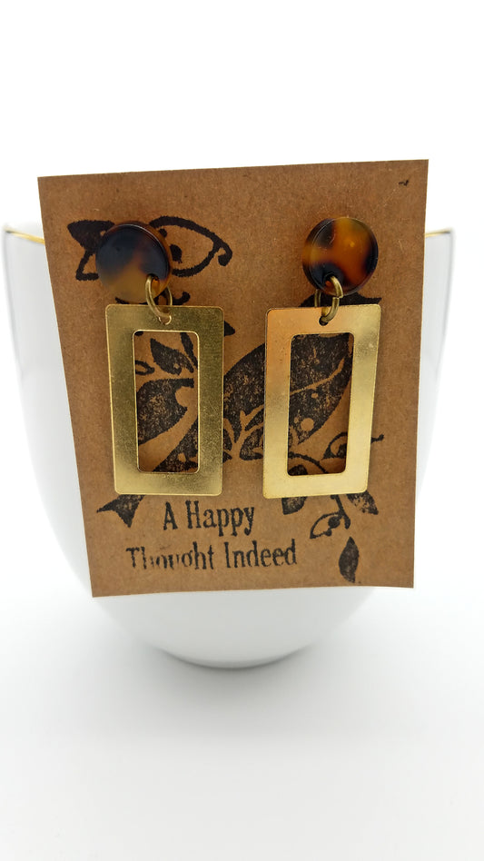 Earrings - Brass Rectangle - Blue House Boxes 